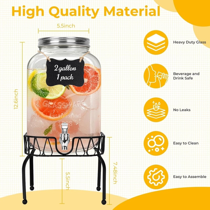 DHSBTLS 2 Gallon Glass Drink Dispensers, 1 Pack Clear Beverage Dispenser for Party, BBQ and Picnic, Juice Dispenser with Ice Core, Black Stand, Spigot, Markers and Chalkboard - Image 3